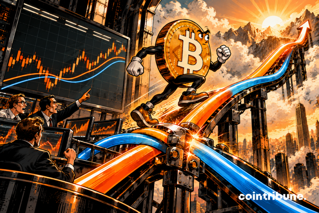 A powerful personified Bitcoin runs upward along a gigantic financial ramp. Beneath its feet, two large mobile metal curves arrive from different directions. They have just crossed paths and now lock together like two mechanical rails. At the moment of the intersection, an enormous orange mechanism engages, transforming the two curves into a much sturdier ascending ramp. Bitcoin looks toward the summit with determination and accelerates, while several analysts observe the signal forming from a platform located below.