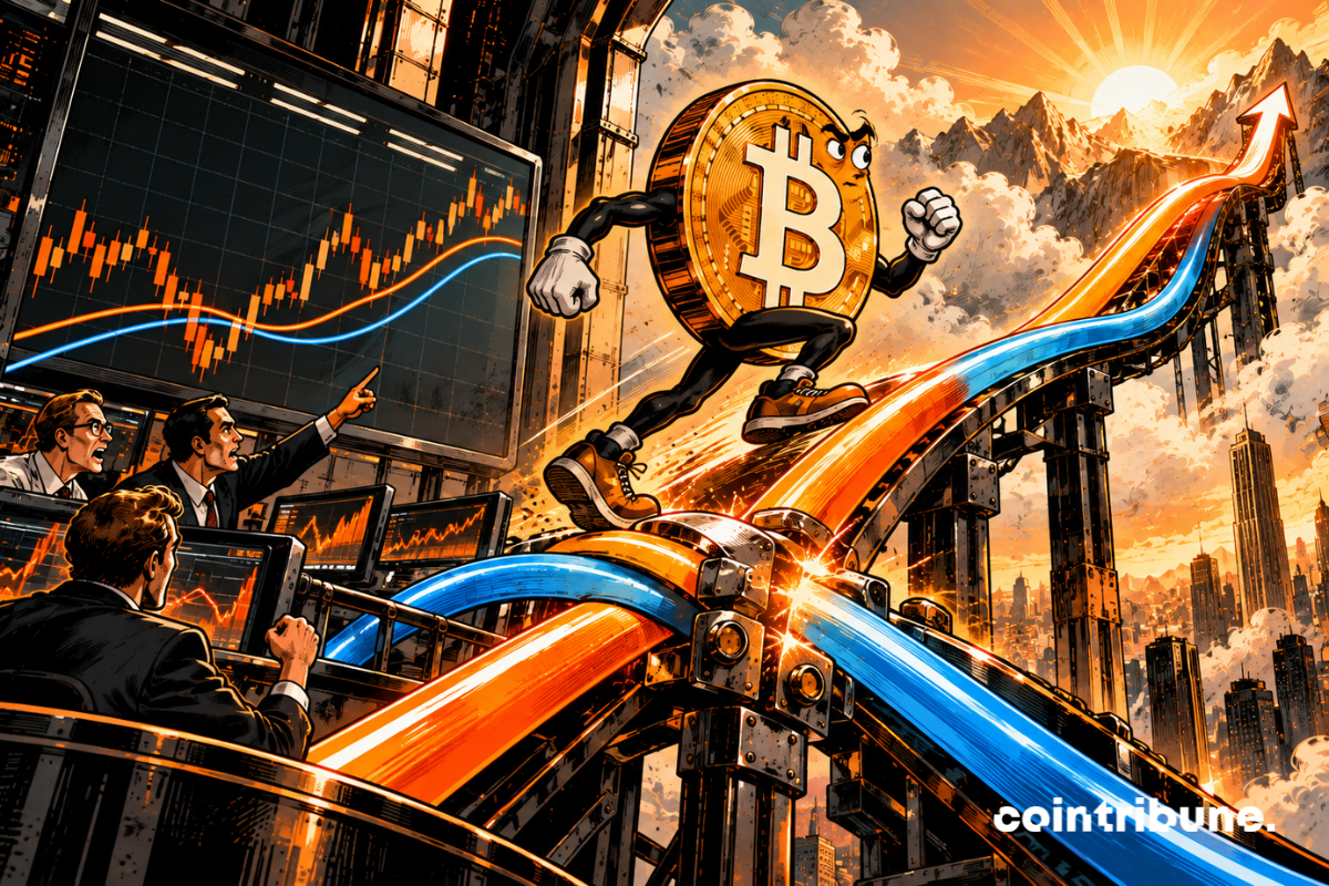A powerful personified Bitcoin runs upward along a gigantic financial ramp. Beneath its feet, two large mobile metal curves arrive from different directions. They have just crossed paths and now lock together like two mechanical rails. At the moment of the intersection, an enormous orange mechanism engages, transforming the two curves into a much sturdier ascending ramp. Bitcoin looks toward the summit with determination and accelerates, while several analysts observe the signal forming from a platform located below.