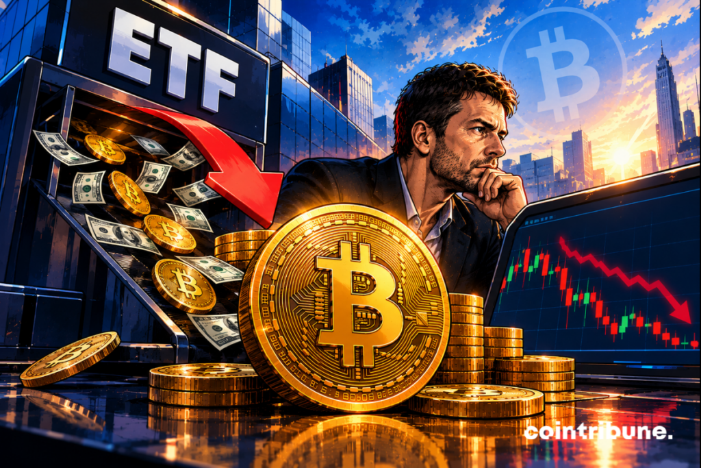 Illustration of Bitcoin with ETF capital outflows, a red downward arrow and a chart showing a falling price.