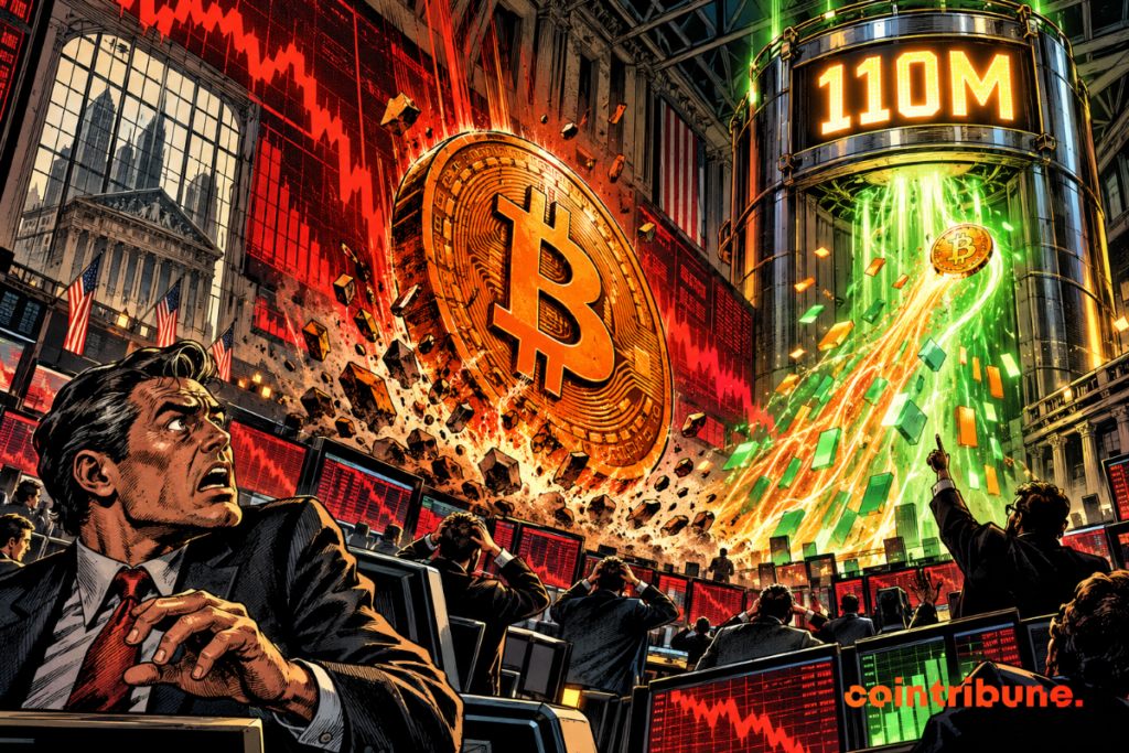 Un Bitcoin géant chute devant des traders inquiets, tandis qu’un réservoir ETF se remplit sous un compteur affichant 110M.