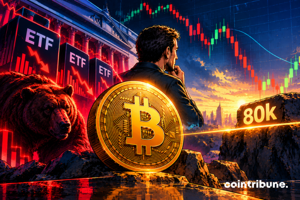 Illustration d’un investisseur face à une pièce Bitcoin, des graphiques boursiers en baisse, des ETF en recul et un seuil de 80 000 dollars.