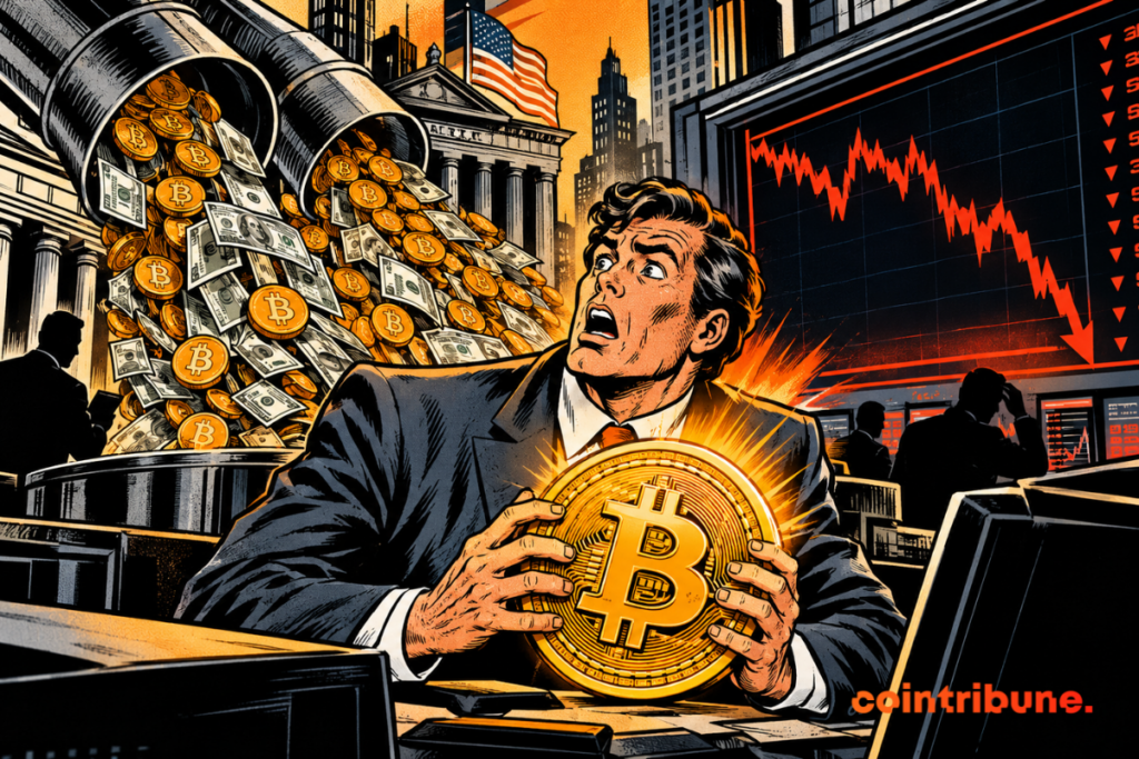 Un investisseur inquiet tient un Bitcoin devant un graphique boursier en chute, tandis que des pièces et des billets s’accumulent devant une banque américaine.