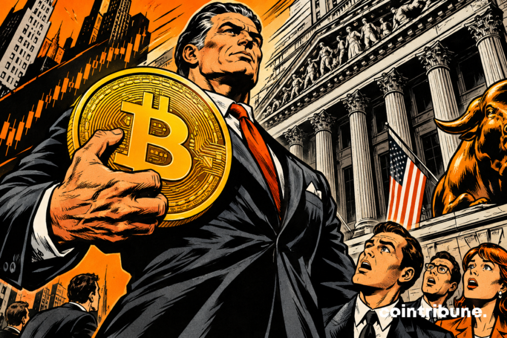 A man in a suit holds up a Bitcoin coin in front of the US stock exchange as investors watch against a backdrop of financial charts.