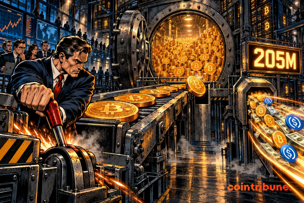 Un dirigeant arrête un convoyeur de Bitcoin devant un coffre rempli de BTC, tandis qu’un flux financier affiche 205M.