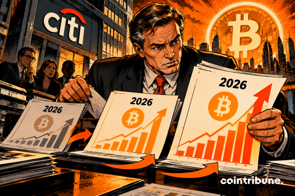 At the center, the Citi analyst is depicted deep in thought, surrounded by files. His serious expression suggests that previous assumptions still need to be reevaluated. The three successive documents directly symbolize the three projections made in 2026. The arrows between the sheets show the transition from one estimate to the next. The giant Bitcoin in the background represents the element forcing the bank to continuously adjust its scenario.
