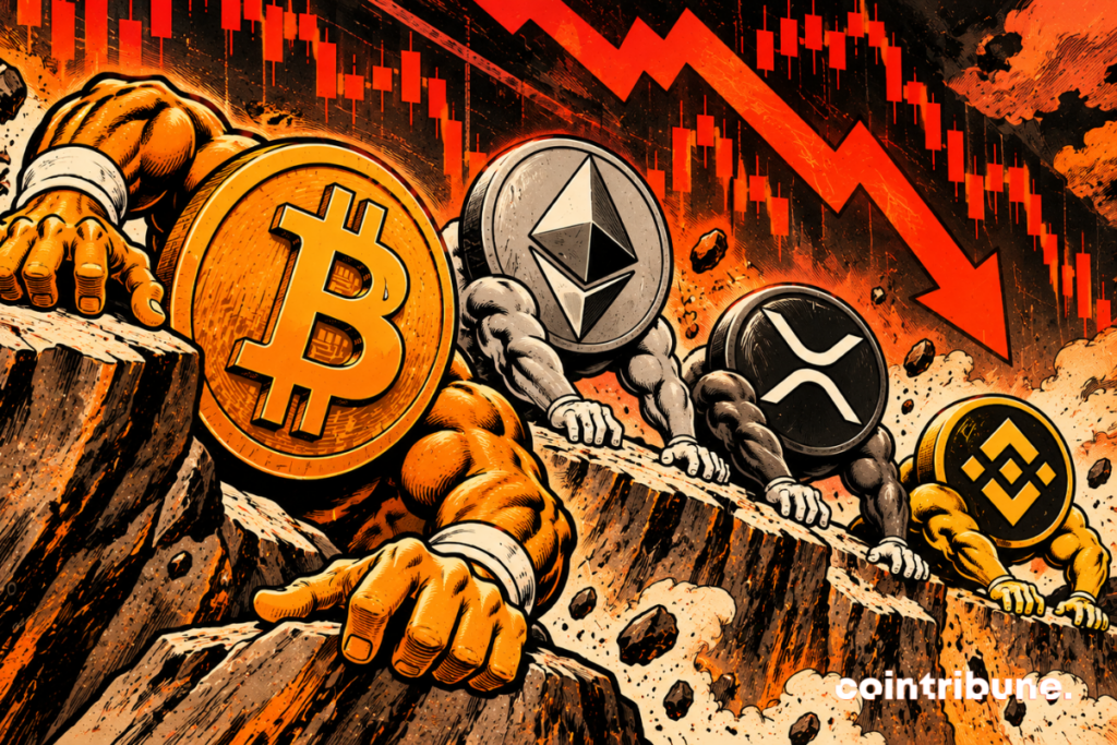 The scene illustrates the resilience of Bitcoin, Ethereum, XRP, and BNB in the face of a widespread crypto market crash. Four personified cryptocurrencies try to hold onto a collapsing cliff. On the left, Bitcoin appears powerful and securely gripped, while Ethereum struggles to maintain its position. Further along, XRP and BNB seem more exposed to danger. In the background, a huge downward red arrow and bearish charts symbolize selling pressure. The detached rocks accentuate market instability. Overall, it invites a comparison of their resilience, without definitively establishing which one resists this correction best.
