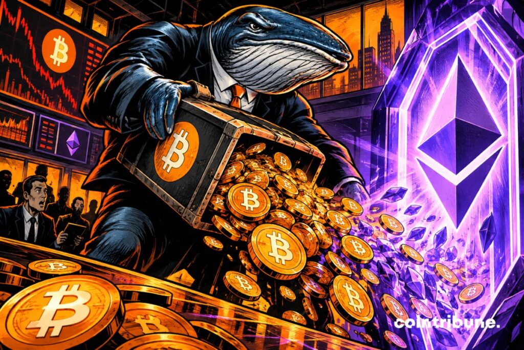 Une baleine vend 1 074 de bitcoin (89,5 millions de dollars $) et achète 36 159 ethereum (90,6 millions de dollars) en trois jours.