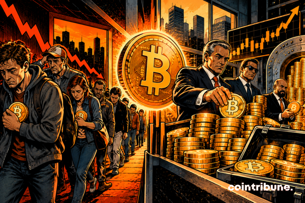 La scène illustre le contraste entre le départ des petits investisseurs et l’accumulation de Bitcoin par les gros détenteurs. À gauche, des particuliers inquiets quittent le marché, serrant leurs dernières pièces Bitcoin contre eux. La flèche descendante symbolise leur perte de confiance face aux turbulences financières. À droite, des investisseurs fortunés, vêtus de costumes, accumulent sereinement d’immenses piles de bitcoins dans un coffre sécurisé. Le graphique ascendant évoque leur optimisme à long terme. Au centre, une gigantesque pièce Bitcoin sépare ces deux comportements opposés. L’ensemble souligne un transfert potentiel des avoirs vers les grands investisseurs, malgré l’incertitude du marché.