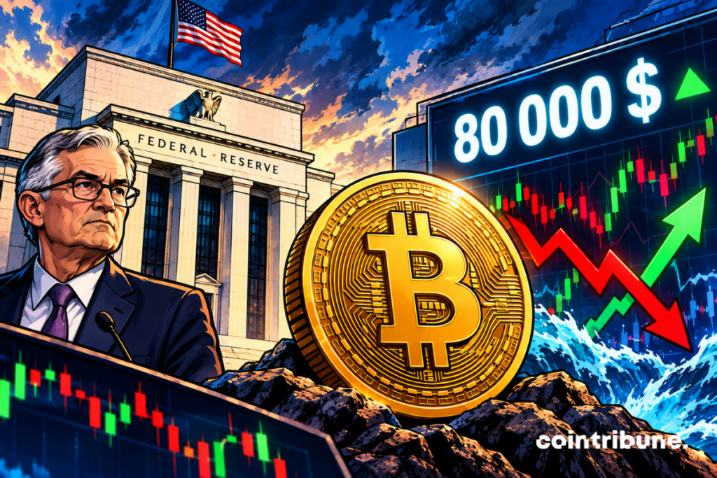 Illustration du bitcoin à 80 000 dollars devant la Réserve fédérale américaine, avec des graphiques de marché et des flèches illustrant la volatilité du cours.