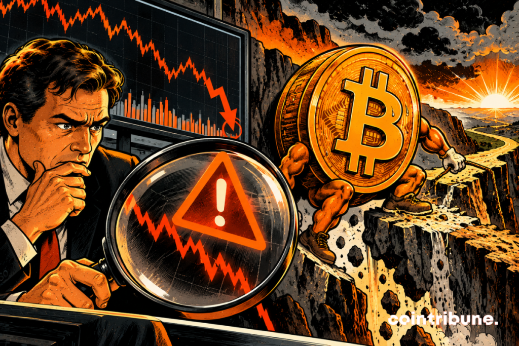 The scene illustrates Glassnode's warning regarding a major risk likely to compromise Bitcoin's recovery. On the left, a concerned analyst examines a sharply bearish chart, symbolizing the market's persistent fragilities. A magnifying glass reveals an orange warning triangle, highlighting the worrying signals detected in financial data. On the right, a gigantic personified Bitcoin coin struggles to climb an unstable cliff, representing the difficulties of a potential rebound. The collapsing rocks evoke the risks of a correction. On the horizon, a rising sun symbolizes the hope of a recovery. Overall, it highlights a fragile recovery, without predicting an inevitable collapse.