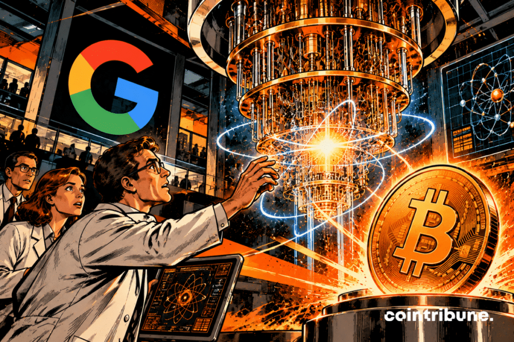 The scene illustrates Google's progress toward more reliable quantum computers and its potential implications for Bitcoin. At the center, a gigantic glowing quantum machine symbolizes the technological advancements achieved by Google. Scientists, fascinated and amazed, observe this innovation capable of transforming computing. On the right, an immense Bitcoin coin represents cryptocurrencies whose cryptographic security could eventually face quantum capabilities. The light beams connecting the two elements evoke this future interaction. Overall, it depicts a promising technological revolution, as well as a major question regarding Bitcoin's resilience against quantum computers.