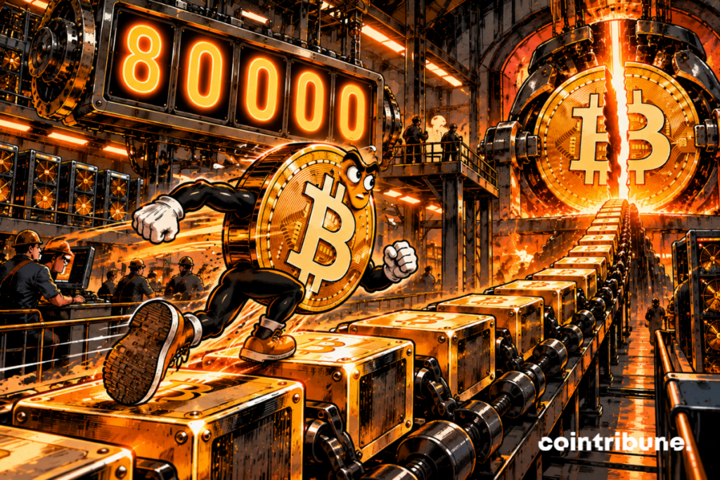 Dans une immense usine blockchain, un Bitcoin personnifié court sur un tapis roulant constitué de blocs métalliques. Les blocs défilent rapidement sous ses pieds et disparaissent derrière lui dans une gigantesque chaîne mécanique. Au-dessus du tapis, un imposant compteur industriel affiche uniquement 80 000, avec plusieurs rouleaux mécaniques semblant prêts à continuer leur décompte. Bitcoin regarde droit devant lui avec une expression mêlant détermination et anticipation. Au bout de l’usine se trouve une spectaculaire machine circulaire composée de deux demi-pièces Bitcoin séparées par une fine ouverture lumineuse orange. Elle représente visuellement le prochain halving sans aucun mot.