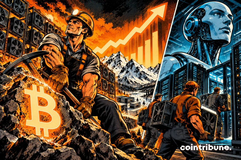 La scène illustre la remontée de la puissance de calcul du réseau Bitcoin malgré la diversification des mineurs vers l’intelligence artificielle. À gauche, un mineur déterminé travaille devant des machines spécialisées, symbolisant la résilience du minage Bitcoin. La gigantesque pièce lumineuse et la flèche ascendante représentent l’augmentation du hashrate. À droite, un robot futuriste domine un centre de données où des techniciens installent des serveurs destinés à l’IA. Le contraste entre orange et bleu souligne deux activités technologiques distinctes. L’ensemble montre que l’essor de l’IA n’empêche pas nécessairement le réseau Bitcoin de renforcer sa puissance de calcul.