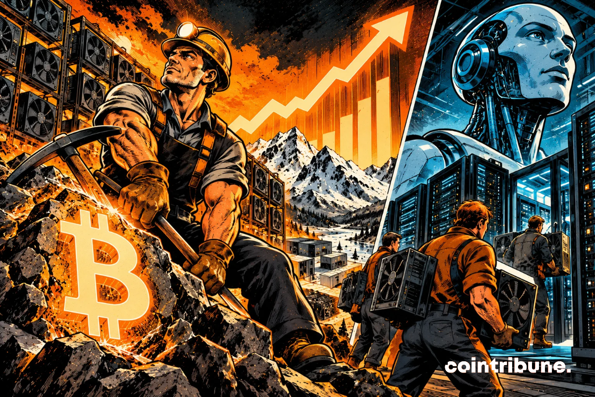 La scène illustre la remontée de la puissance de calcul du réseau Bitcoin malgré la diversification des mineurs vers l’intelligence artificielle. À gauche, un mineur déterminé travaille devant des machines spécialisées, symbolisant la résilience du minage Bitcoin. La gigantesque pièce lumineuse et la flèche ascendante représentent l’augmentation du hashrate. À droite, un robot futuriste domine un centre de données où des techniciens installent des serveurs destinés à l’IA. Le contraste entre orange et bleu souligne deux activités technologiques distinctes. L’ensemble montre que l’essor de l’IA n’empêche pas nécessairement le réseau Bitcoin de renforcer sa puissance de calcul.