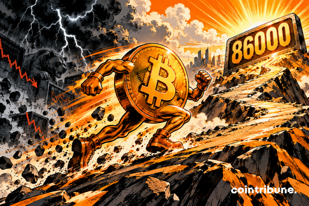 A personified Bitcoin, powerful yet still scarred by previous turbulence, ascends an immense inclined financial road. It has just emerged from a dark storm zone visible behind it: clouds, rain, lightning, and debris symbolize the difficult preceding context. Ahead, the sky dramatically opens up. A gigantic stream of glowing orange air appears behind Bitcoin and pushes it in the back, billowing its cloak and projecting dust and leaves forward. Bitcoin accelerates toward an imposing metal marker displaying only 86000. Its expression shifts from strain to renewed determination.