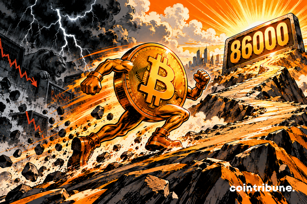 Un Bitcoin personnifié, puissant mais encore marqué par les turbulences précédentes, gravit une immense route financière inclinée. Il vient de sortir d’une zone de tempête noire visible derrière lui : nuages, pluie, éclairs et débris symbolisent le contexte difficile précédent. Devant lui, le ciel s’ouvre brutalement. Un gigantesque courant d’air orange lumineux apparaît derrière Bitcoin et le pousse dans le dos, gonflant son manteau et projetant poussière et feuilles vers l’avant. Bitcoin accélère vers une imposante borne métallique affichant uniquement 86000. Son expression passe de l’effort à une détermination retrouvée.