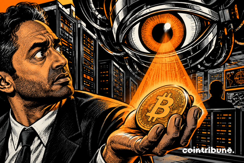 Chamath Palihapitiya looks at a Bitcoin beneath the beam of a giant artificial eye in a data center, illustrating fears of AI-powered hacking.