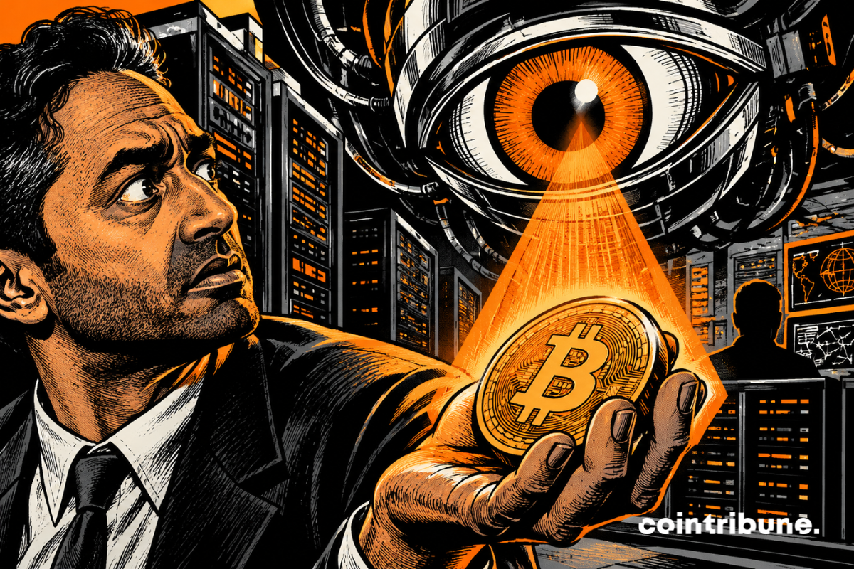 Chamath Palihapitiya looks at a Bitcoin beneath the beam of a giant artificial eye in a data center, illustrating fears of AI-powered hacking.
