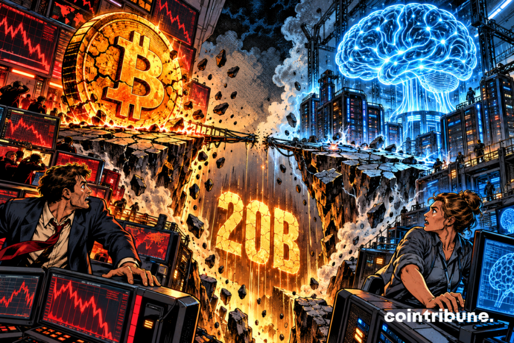 Bitcoin and an AI infrastructure teeter on opposite sides of a financial abyss marked B.
