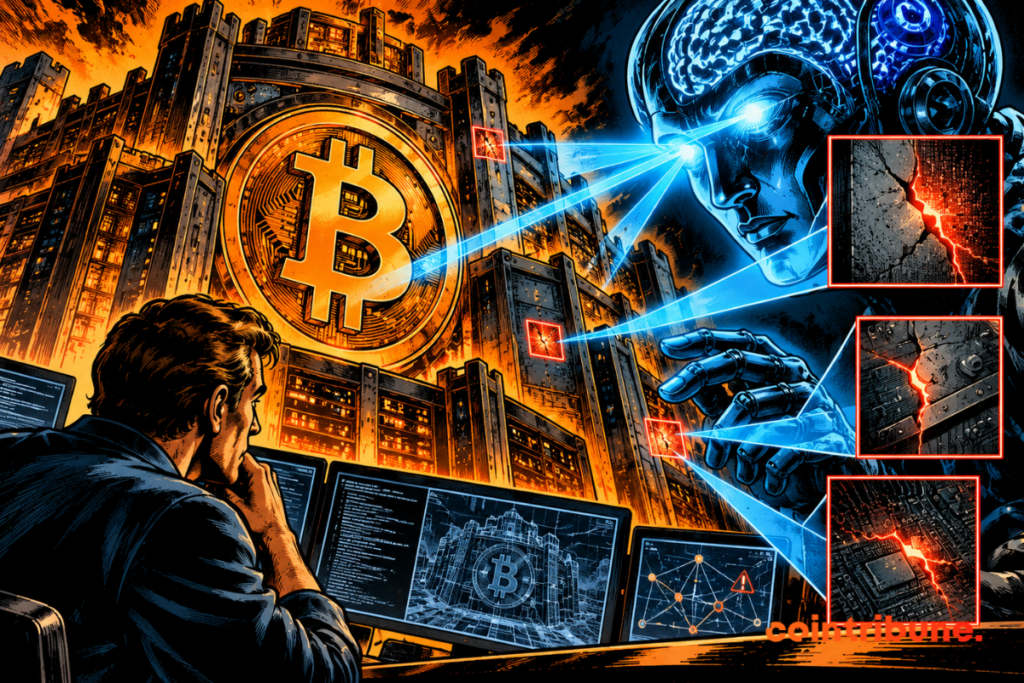 An AI scans a Bitcoin fortress, uncovering several hidden vulnerabilities in its digital infrastructure.
