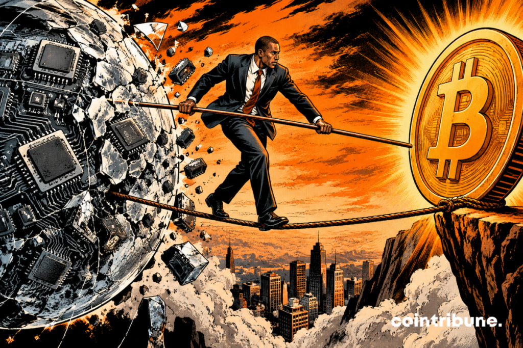 A man crosses a perilous path between exploding computer chips and a golden Bitcoin coin.