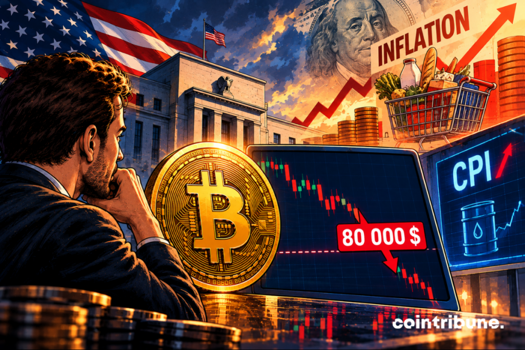 Illustration of Bitcoin facing US inflation, with a declining price chart testing the ,000 level.