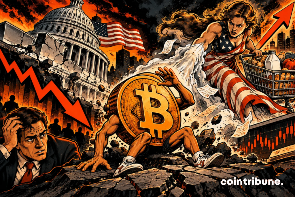 The scene illustrates the threats facing Bitcoin amid the fragility of the US economy and persistent inflation. At the center, a personified Bitcoin tries to resist a violent financial storm. On the left, a cracked Capitol and a downward arrow symbolize concerns regarding the US economy. An anxious investor observes the situation. On the right, a woman wearing American colors pushes an overflowing shopping cart, representing the rising cost of living. Receipts and an upward arrow evoke inflation. Overall, it highlights the macroeconomic pressures likely to weaken Bitcoin, without predicting a certain decline.