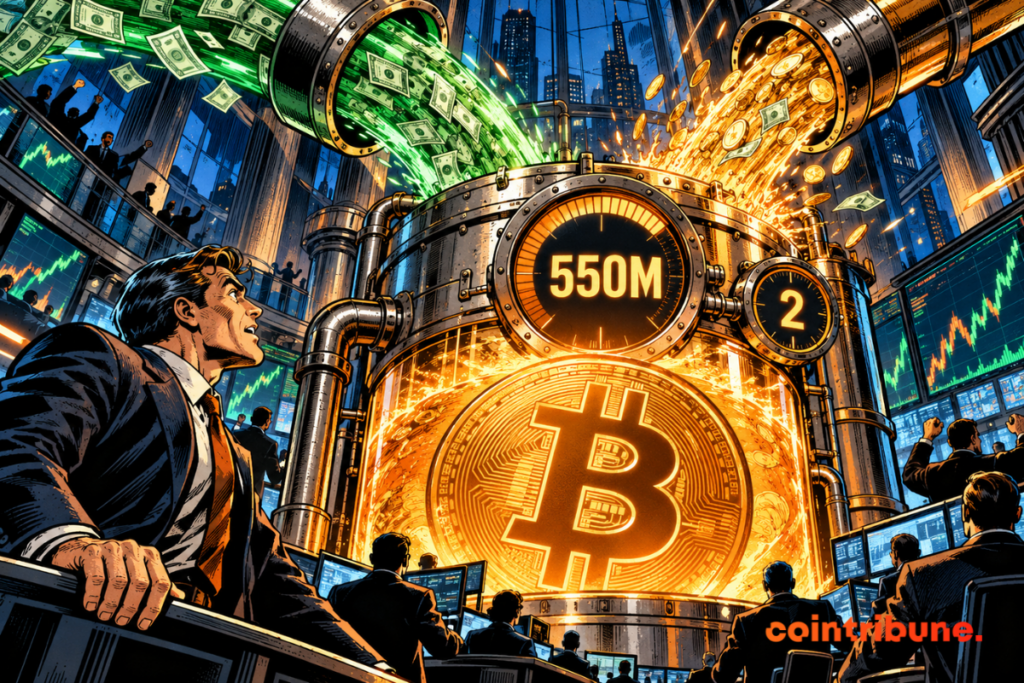 Deux flux massifs de capitaux alimentent un réservoir Bitcoin sous des compteurs affichant 550M et 2.