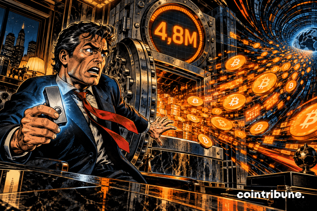 Un homme tient un hardware wallet tandis que 4,8M en Bitcoin s’échappent d’un coffre numérique.