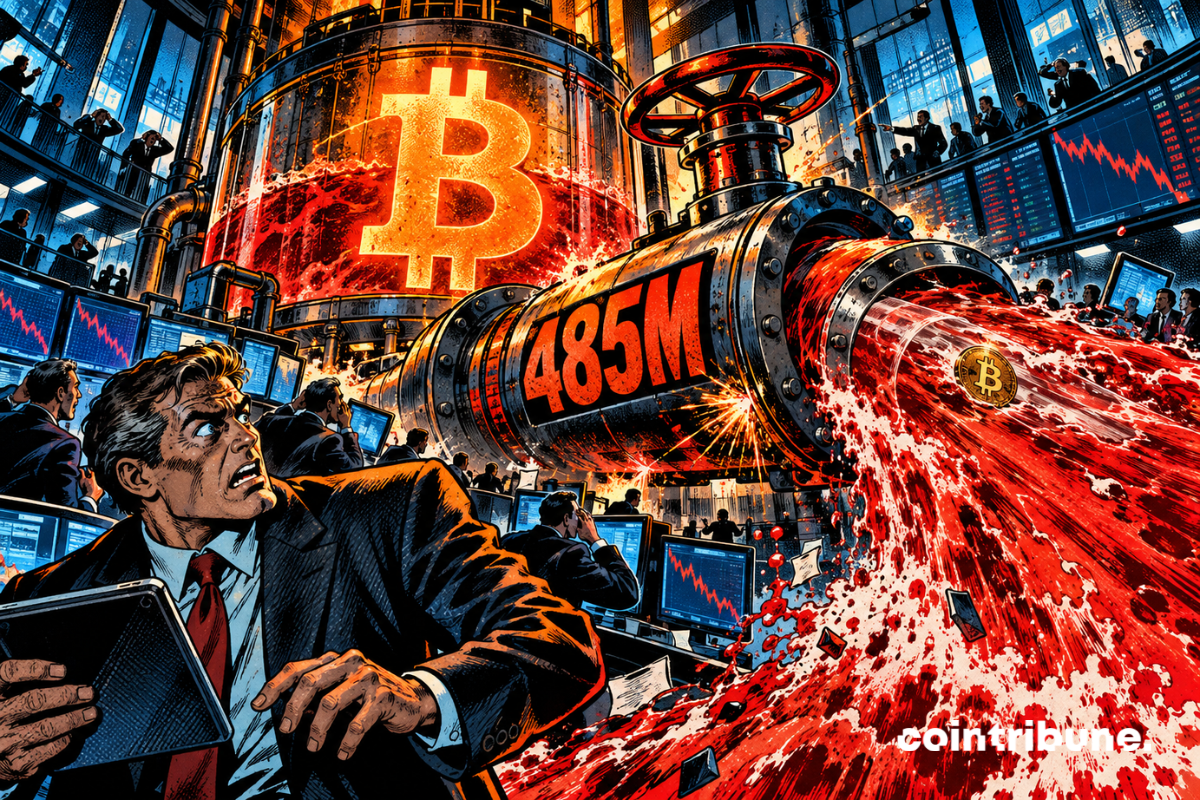 Un flux de 485M quitte un réservoir ETF lié à Bitcoin dans une salle de marché crypto sous tension.