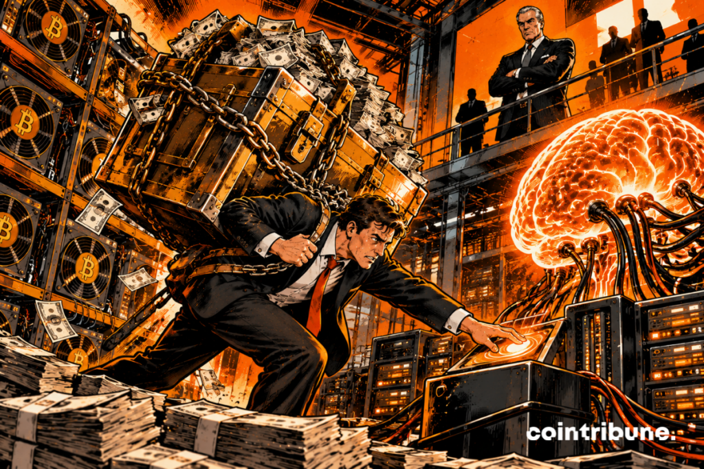 Un dirigeant de société de mining Bitcoin courbé sous un immense coffre rempli de billets et attaché par des chaînes, tente d'activer un cerveau IA lumineux connecté à ses serveurs de mining, tandis qu'un banquier sévère observe depuis une plateforme.