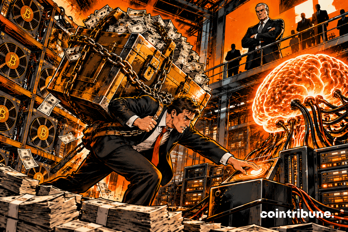 Un dirigeant de société de mining Bitcoin courbé sous un immense coffre rempli de billets et attaché par des chaînes, tente d'activer un cerveau IA lumineux connecté à ses serveurs de mining, tandis qu'un banquier sévère observe depuis une plateforme.