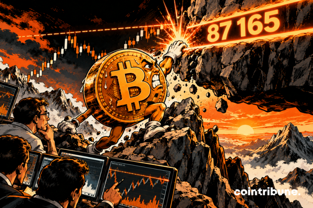 In a gigantic financial arena, a Bitcoin personified as a powerful orange bull charges toward an immense wall of black concrete. On the wall, the numbers 87,165 glow intensely. In the foreground, a financial analyst observes the scene from a control platform, a hand placed on his screen, with a concerned expression.