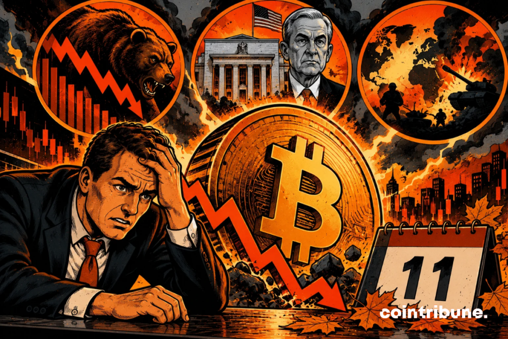 The scene illustrates the three factors likely to complicate Bitcoin's outlook in November. In the foreground, a concerned investor looks at a gigantic Bitcoin coin threatened by a downward arrow. In the top left, a bear and bearish charts symbolize selling pressure. At the center, the US Federal Reserve represents uncertainties linked to monetary policy. On the right, military conflicts evoke geopolitical tensions capable of disrupting markets. The calendar showing 11 recalls the month of November. Overall, it depicts a climate of uncertainty, without presenting a further drop in Bitcoin as inevitable.