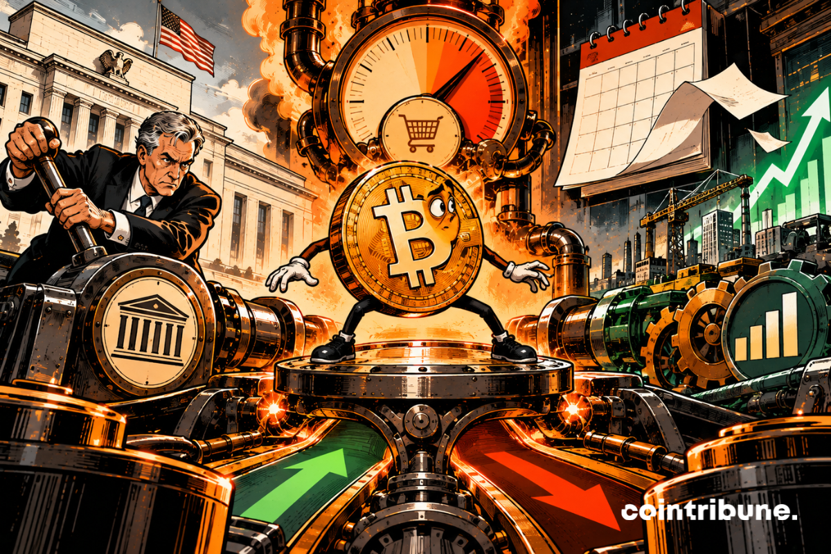 Une imposante pièce Bitcoin personnifiée se tient sur une plateforme circulaire métallique, au centre d’une immense salle de contrôle économique. Autour d’elle, trois énormes mécanismes exercent simultanément une pression. À gauche, un banquier central américain dans un décor évoquant la Réserve fédérale tient un gigantesque levier relié à la plateforme Bitcoin. Au-dessus, une énorme jauge d’inflation sans chiffre ni texte chauffe dangereusement, alimentée par des conduites orange et des flammes. À droite, une gigantesque machine représentant la croissance économique — usines, grues, engrenages et flux commerciaux — entraîne une autre partie du mécanisme. Bitcoin regarde successivement les trois forces, posture tendue, comme s’il attendait de savoir laquelle déterminera sa direction.