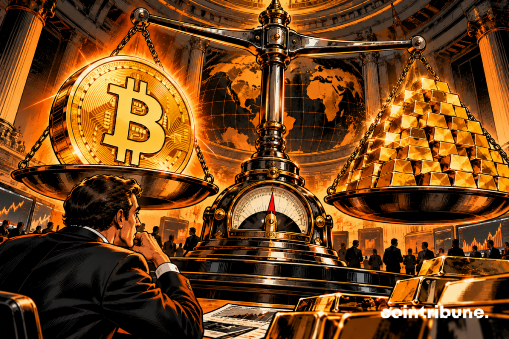 An immense orange Bitcoin on one tray, a mountain of gold ingots on the other. In the foreground, an analyst watches with amazement as the central needle approaches equilibrium. The scale trembles, but the convergence is not yet complete.