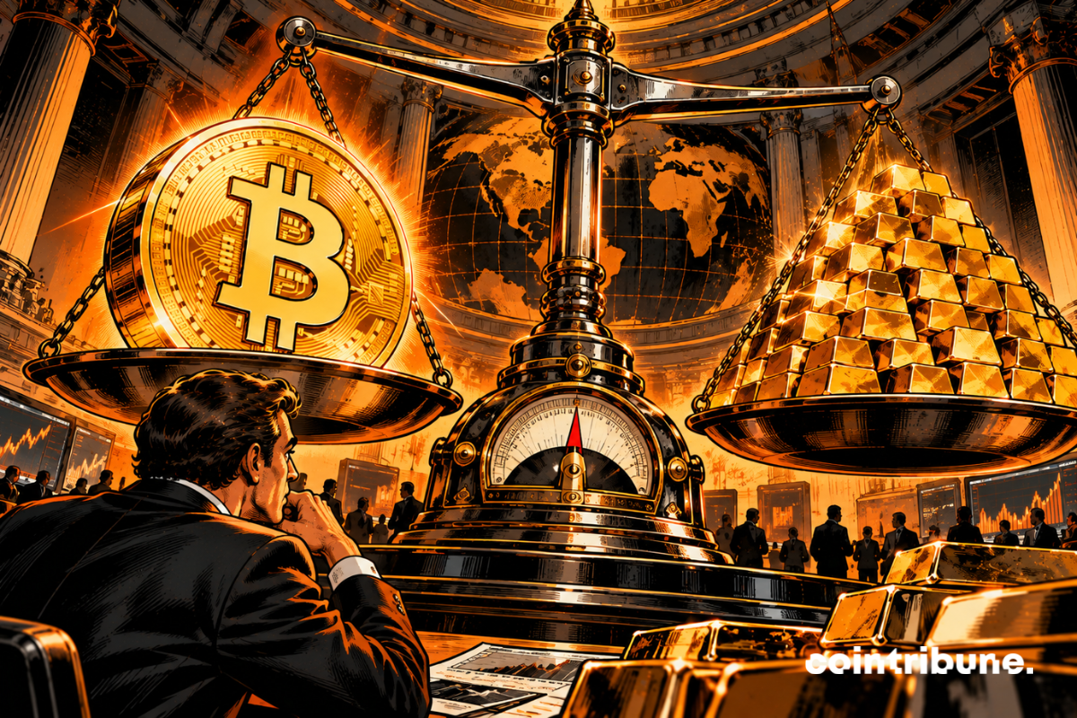 An immense orange Bitcoin on one tray, a mountain of gold ingots on the other. In the foreground, an analyst watches with amazement as the central needle approaches equilibrium. The scale trembles, but the convergence is not yet complete.