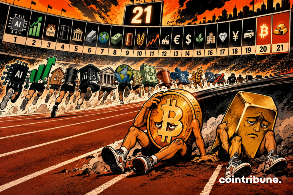 La escena ilustra el mal rendimiento de Bitcoin y del oro, clasificados en los últimos puestos entre 21 clases de activos en 2026. En un estadio inmenso, las diferentes clases de activos participan en una carrera que simboliza sus rendimientos financieros. En primer plano, un Bitcoin y un lingote de oro personificados aparecen agotados y desanimados, ocupando las últimas posiciones. Detrás de ellos, las acciones, la inteligencia artificial, el sector inmobiliario y las materias primas continúan su avance. El marcador muestra los puestos 20 y 21, subrayando su retraso relativo. El conjunto refleja una inversión sorprendente de los rendimientos, sin cuestionar su potencial de inversión a largo plazo.