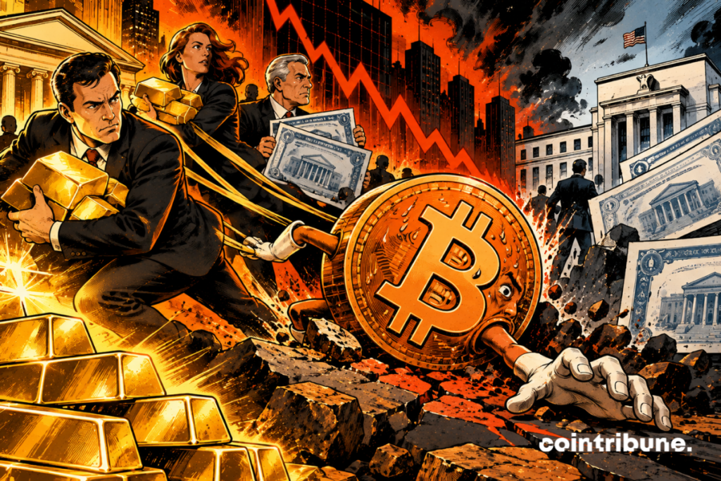 The scene illustrates the pressure on Bitcoin as investors favor gold and bonds. At the center, a personified Bitcoin, weakened and panicked, tries to hold back the capital that is slipping away. On the left, investors carry gold bars, the traditional symbol of a safe haven. On the right, others head toward US government bonds, represented by financial certificates and an institutional building. The descending red arrow reflects the struggles of the crypto market. The cracks and debris heighten the tension. Overall, it symbolizes a reallocation of capital toward assets deemed safer.