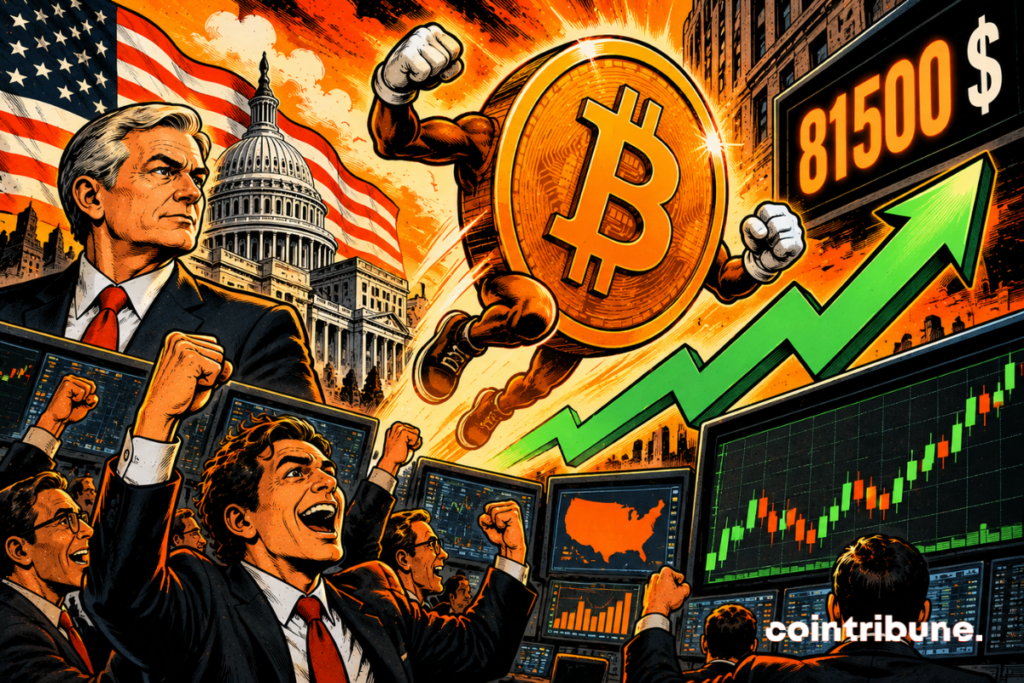The scene illustrates Bitcoin's rebound to ,500 following the release of US economic data. At the center, a gigantic personified Bitcoin coin surges upward, propelled by an ascending green arrow symbolizing the market recovery. In the foreground, several enthusiastic traders celebrate this rise in front of their financial screens. In the background, the Capitol and the American flag recall the origin of the economic statistics that influenced investors. The amount ,500 highlights the level reached. The orange and black colors accentuate the dynamism. Overall, it reflects a surge in optimism, without guaranteeing a sustainable increase.