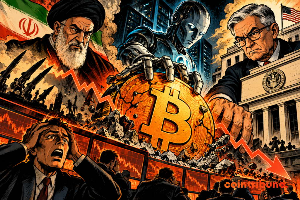 Un Bitcoin géant s’effondre sous la pression de l’Iran, de l’IA et de la Fed devant des traders paniqués.