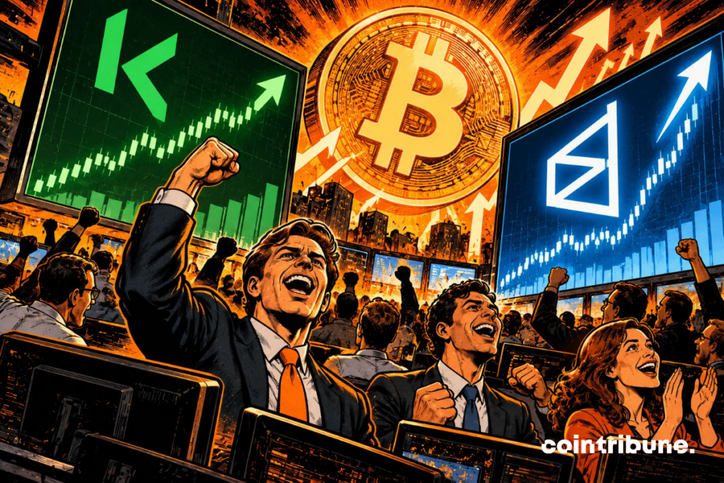 La scène illustre l’engouement pour les paris sur le cours du Bitcoin, qui propulse Kalshi et Polymarket vers des records d’activité. Au centre, une gigantesque pièce Bitcoin lumineuse domine une salle de trading en pleine effervescence. Au premier plan, des traders enthousiastes célèbrent la progression des volumes de paris. À gauche, l’écran vert symbolise Kalshi, tandis que l’écran bleu représente Polymarket. Les graphiques ascendants et les flèches orange évoquent la croissance spectaculaire de ces plateformes de prédiction. L’ensemble souligne l’intérêt grandissant des investisseurs pour les paris sur Bitcoin, sans signifier que son cours augmente nécessairement.