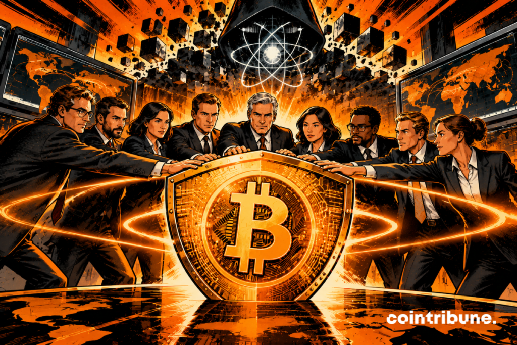 La scène illustre l’alliance de neuf entreprises visant à renforcer la sécurité du Bitcoin face aux futures menaces quantiques. Au centre, une gigantesque pièce Bitcoin protégée par un bouclier lumineux symbolise la volonté de préserver sa sécurité cryptographique. Autour, neuf représentants d’entreprises unissent leurs mains, incarnant une coopération stratégique. À droite, un ordinateur quantique et une silhouette menaçante représentent les risques technologiques à anticiper. Le globe connecté évoque la portée mondiale de cette initiative. Les lumières orange soulignent l’urgence et l’innovation. L’ensemble traduit une mobilisation préventive, sans suggérer que Bitcoin est actuellement vulnérable à une attaque quantique.