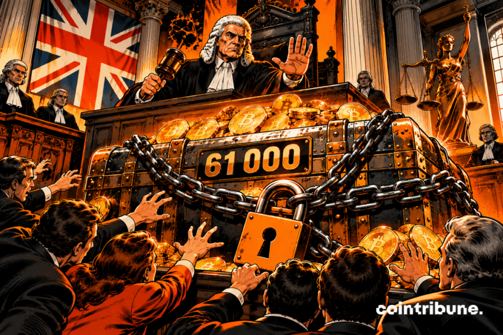 Dans un tribunal britannique monumental, un juge en perruque blanche et robe noire lève la main pour bloquer la restitution d'un immense coffre rempli de Bitcoin, retenu par de grosses chaînes et un cadenas orange, avec le chiffre 61000 sur le coffre. Plusieurs personnes tendent les mains vers les fonds. Drapeau britannique, lumière dramatique.