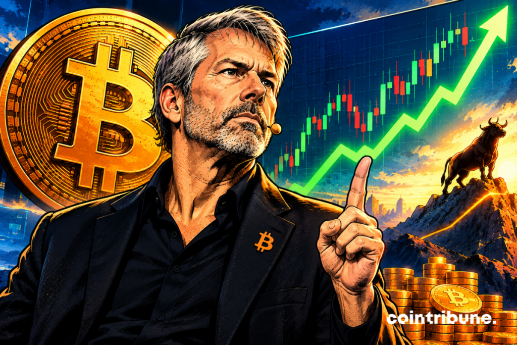 Illustration of Michael Saylor in front of a giant Bitcoin, a rising price chart and a bull symbolizing a bullish market.