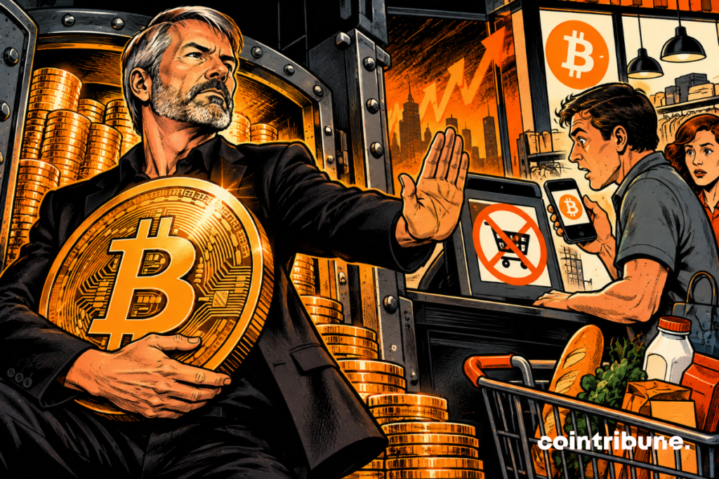 La escena ilustra la convicción de Michael Saylor de que Bitcoin debe ser conservado en lugar de ser utilizado para compras diarias. A la izquierda, Saylor protege una gigantesca moneda de Bitcoin ante una caja fuerte llena de criptomonedas, simbolizando su estrategia de acumulación a largo plazo. Su mano levantada expresa su oposición a gastar BTC. A la derecha, un consumidor sorprendido intenta pagar sus compras con su teléfono inteligente, pero un símbolo de prohibición bloquea el pago. La flecha ascendente evoca el potencial de revalorización de Bitcoin. El conjunto contrapone dos visiones: Bitcoin como reserva de valor frente a Bitcoin como medio de pago.