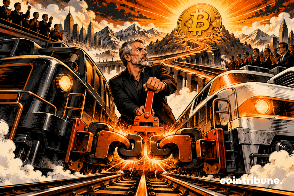 Michael Saylor occupies the foreground between two gigantic financial locomotives advancing side by side. The two machines have intentionally different designs: one dark, massive, and institutional; the other lighter, modern, and aggressive. No name or text appears. At first glance, they seem to be competing in a race. But Saylor, with a determined and almost satisfied expression, lowers an enormous orange lever that causes a coupling mechanism to emerge between the two locomotives. The metal hooks lock together in a shower of sparks. Ahead of them, the two tracks gradually merge into a single large ascending line leading to a gigantic Bitcoin coin at the summit.