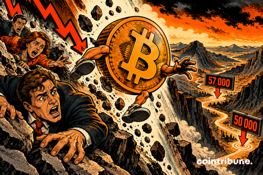 La scène illustre les scénarios baissiers du Bitcoin, dont le cours pourrait reculer vers 57 000, voire 50 000 dollars. Au centre, une gigantesque pièce Bitcoin personnifiée dévale une falaise abrupte, entraînant des débris dans sa chute. À gauche, plusieurs investisseurs paniqués tentent désespérément de s’accrocher aux rochers, symbolisant la peur des pertes financières. La flèche rouge descendante accentue la pression vendeuse. À droite, deux panneaux affichant 57 000 et 50 000 indiquent les objectifs baissiers envisagés. Le paysage désertique renforce l’incertitude. L’ensemble dramatise les risques de correction, sans présenter ces niveaux comme des certitudes.