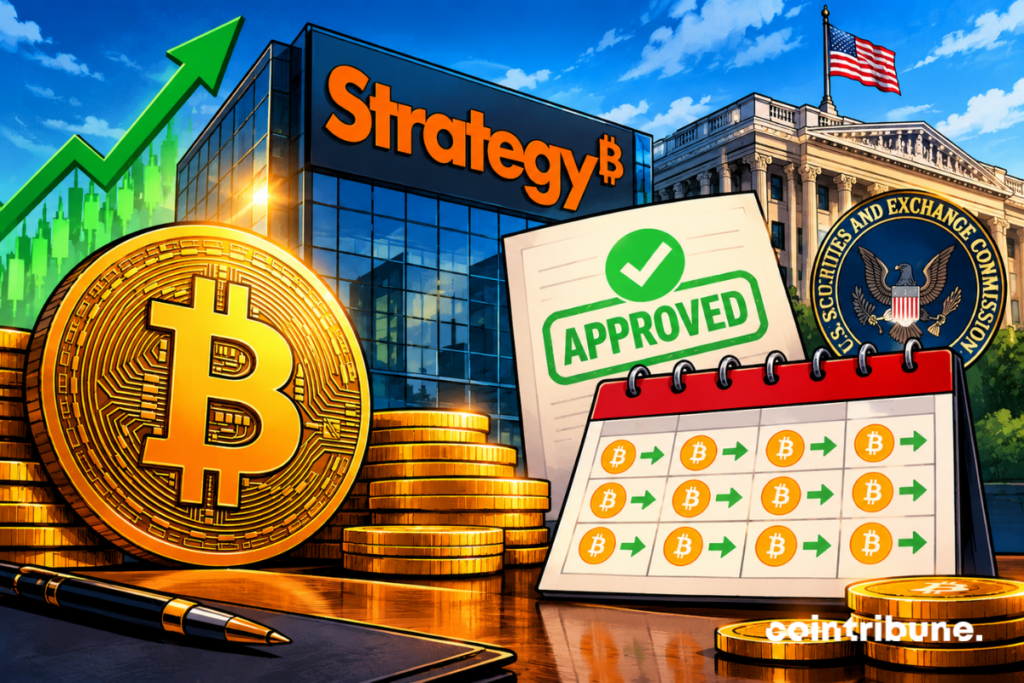 Bitcoin, bâtiment de Strategy, calendrier de dividendes approuvé et logo de la SEC illustrant le passage aux paiements quotidiens de STRC.