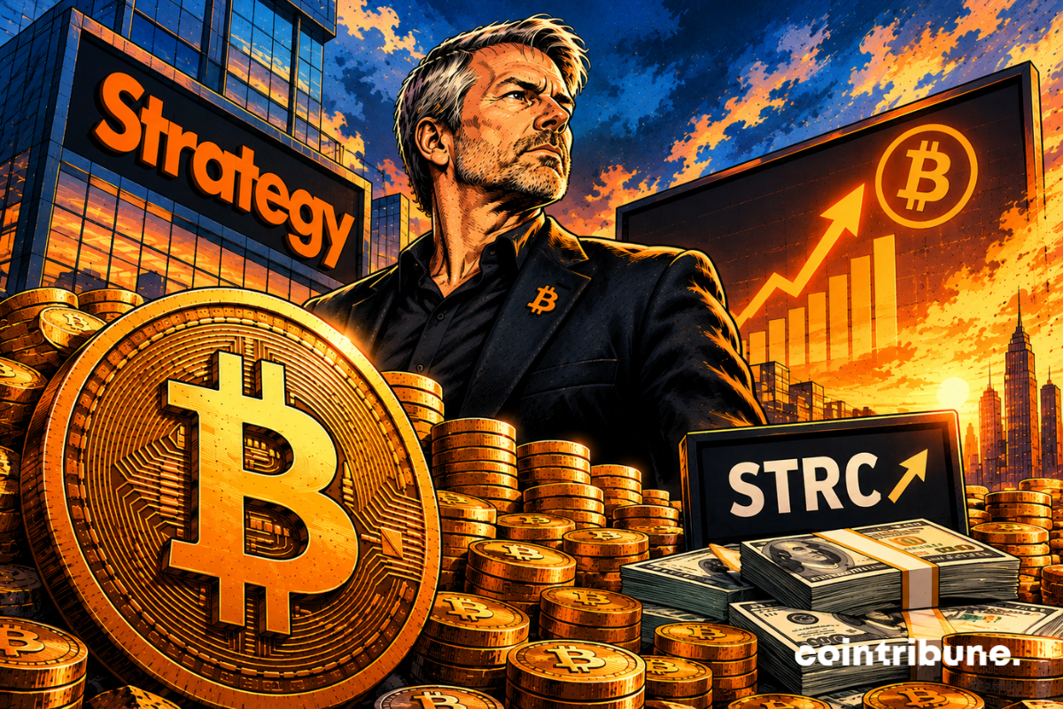 Illustration de Strategy avec un homme en costume, une grande pièce Bitcoin, des piles de cryptomonnaies, des billets et un graphique haussier marqué STRC.